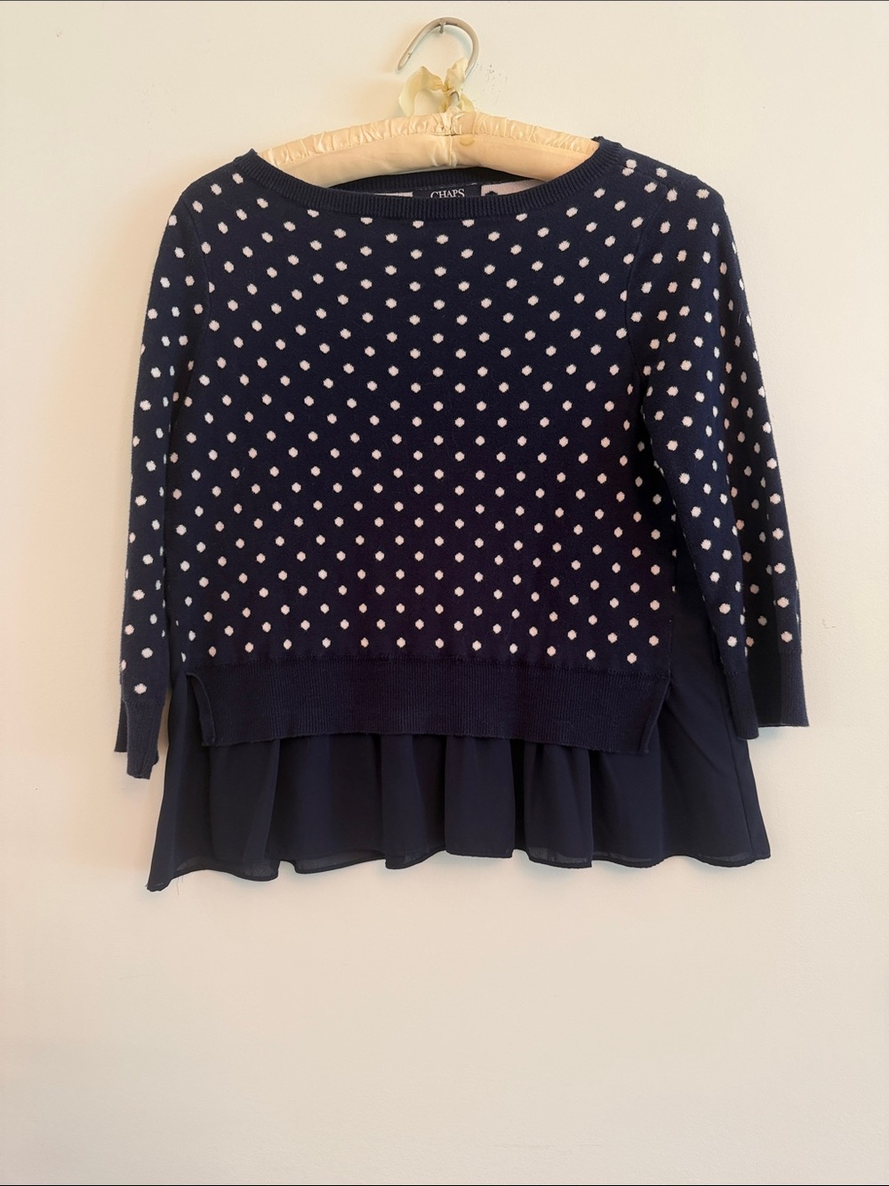 Chaps Navy and White Polka Dot Peplum Top